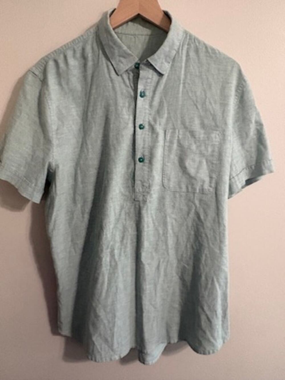 Lululemon Mens Light Green Sage Linen Blend Short Sleeve Popover Henley Shirt XL